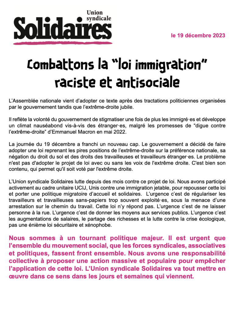 Lire la suite à propos de l’article Combattons la “loi immigration” raciste et antisociale.