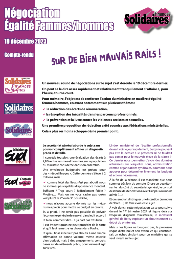 Egalité professionnelle – SUR DE BIEN MAUVAIS RAILS !
