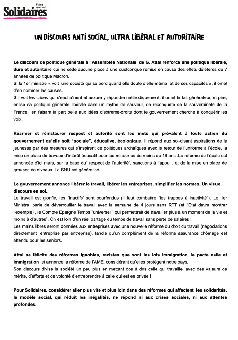 Lire la suite à propos de l’article Discours de politique générale qui renforce une politique libérale, dure et autoritaire.