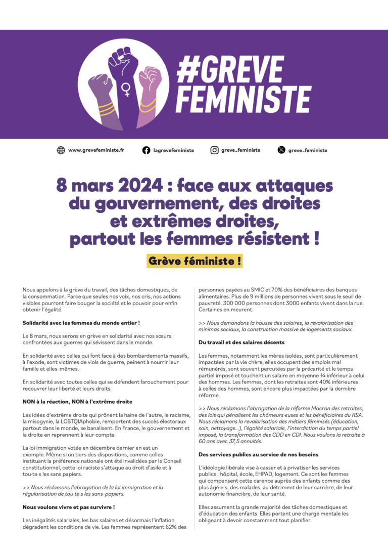 Lire la suite à propos de l’article 8 mars 2024 : Solidarité , Combat et Résistance !