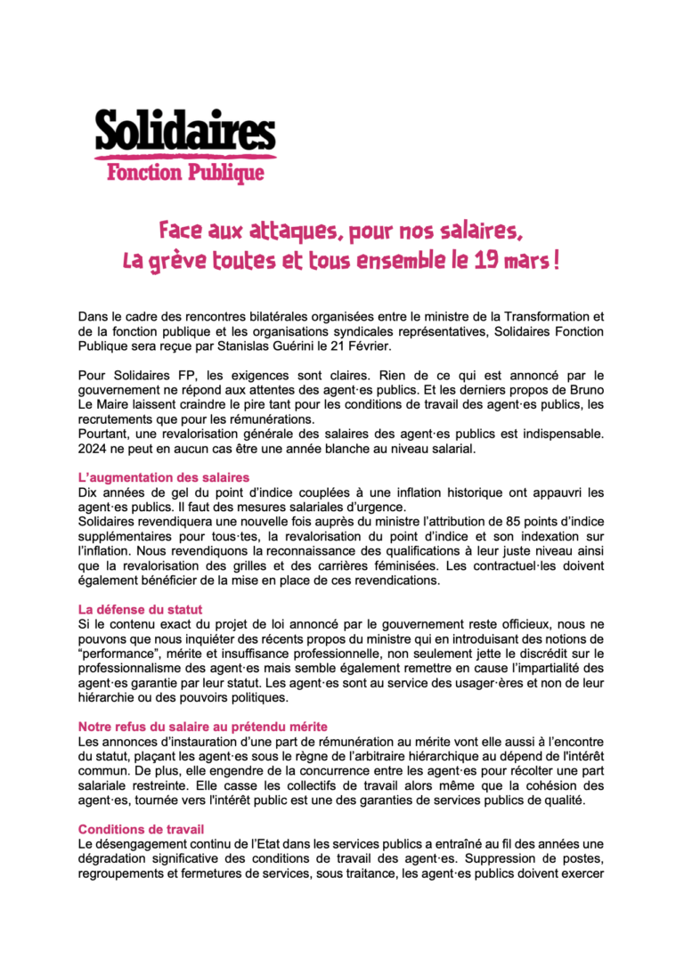 Lire la suite à propos de l’article Face aux attaques, pour nos salaires, toutes et tous en grève le 19 mars !