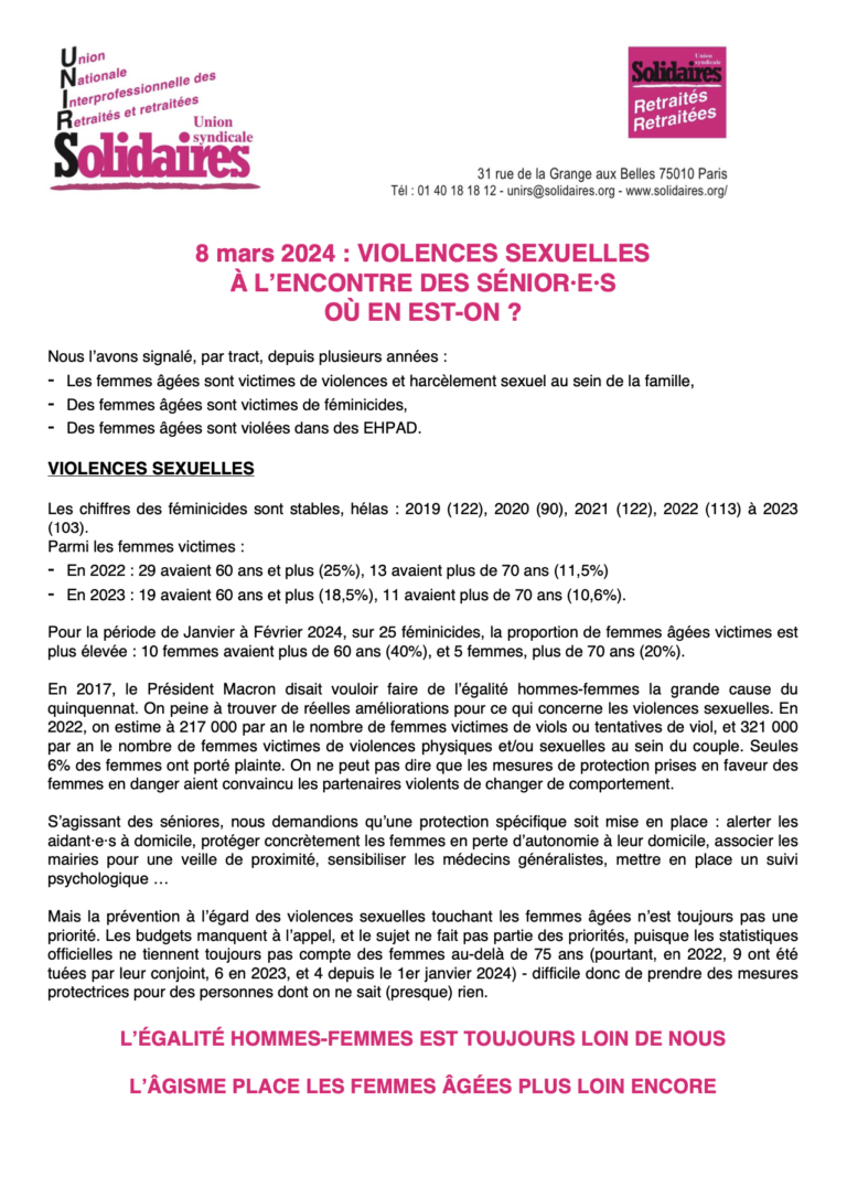 Lire la suite à propos de l’article 8 mars 2024 : VIOLENCES SEXUELLES À L’ENCONTRE DES SÉNIOR·E·S OÙ EN EST-ON ?
