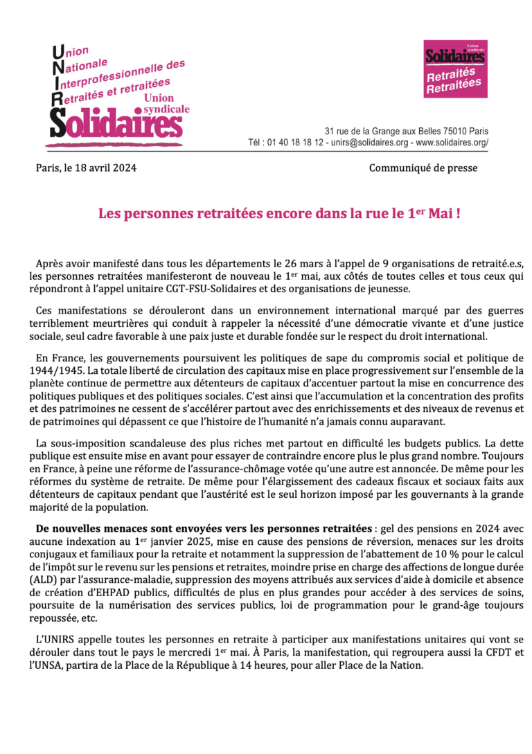 Lire la suite à propos de l’article Pour un 1er mai contre l’austérité, pour l’emploi, les salaires, les services publics, la protection sociale, les libertés et la paix juste et durable dans le monde