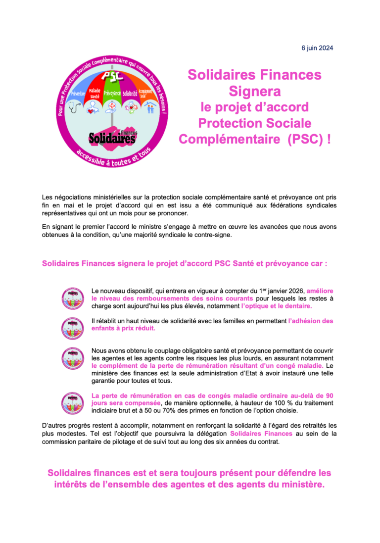 Lire la suite à propos de l’article Solidaires Finances signera le projet d’accord Protection Sociale complémentaire !