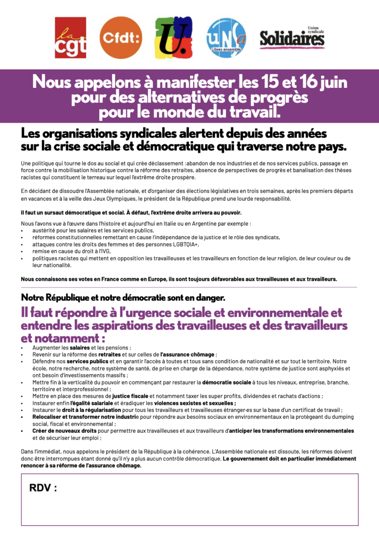 Lire la suite à propos de l’article Manifestez les 15 et 16 juin pour des alternatives de progrès pour le monde du travail.
