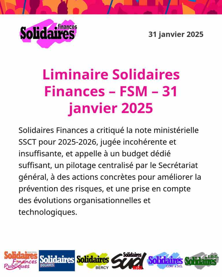 Lire la suite à propos de l’article Liminaire Solidaires Finances – FSM – 31 janvier 2025