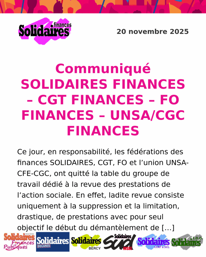 Communiqué SOLIDAIRES FINANCES – CGT FINANCES – FO FINANCES – UNSA/CGC FINANCES