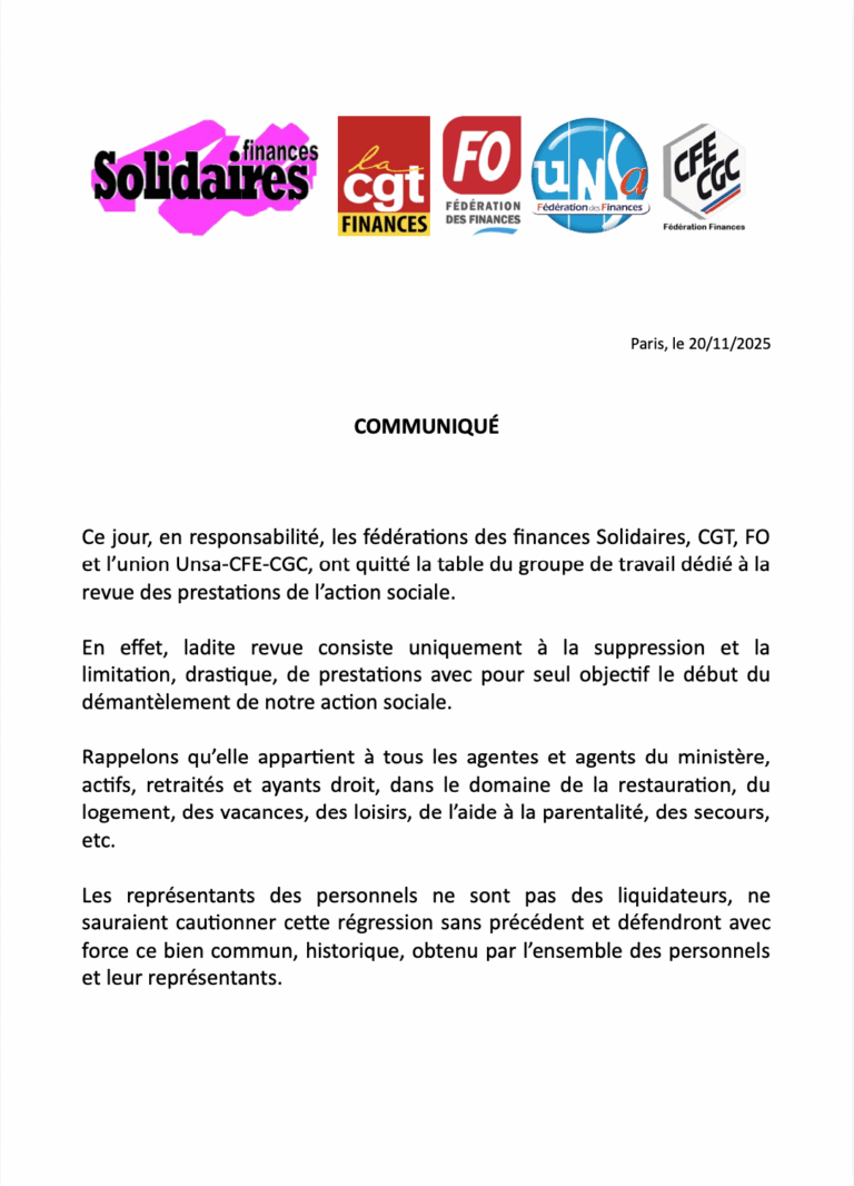 Lire la suite à propos de l’article Communiqué SOLIDAIRES FINANCES – CGT FINANCES – FO FINANCES – UNSA/CGC FINANCES