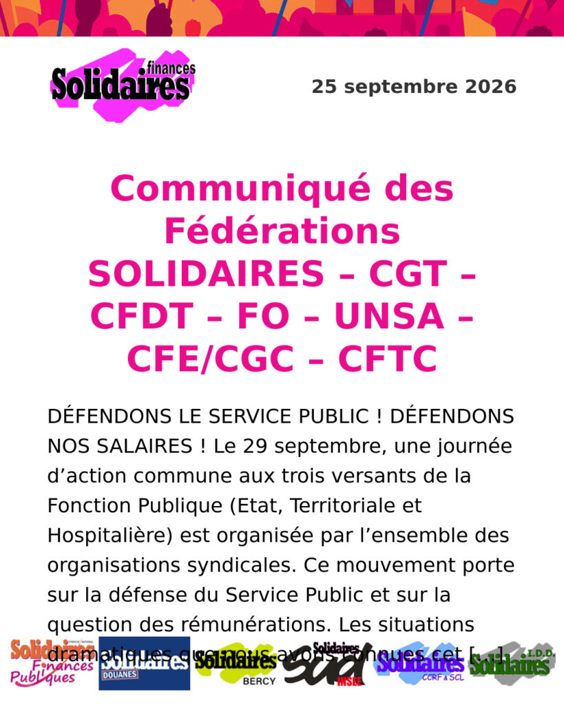 Communiqué des Fédérations SOLIDAIRES – CGT – CFDT – FO – UNSA – CFE/CGC – CFTC