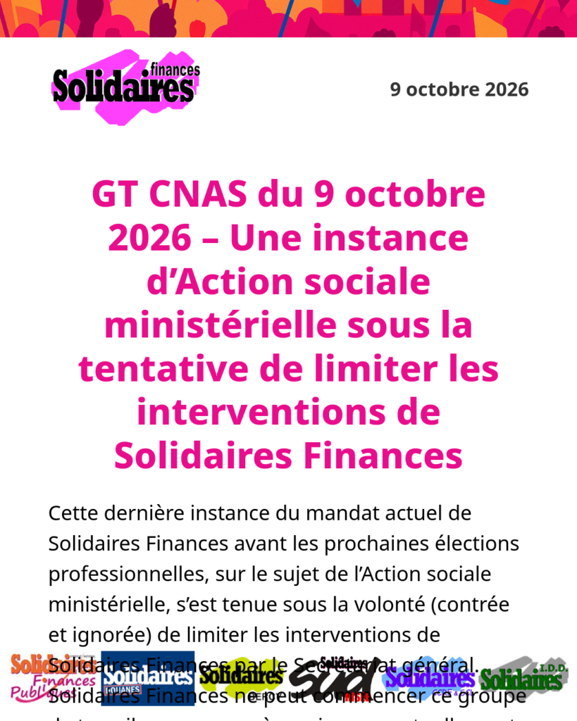 GT CNAS du 9 octobre 2026 – Une instance d&rsquo;Action sociale ministérielle sous la tentative de limiter les interventions de Solidaires Finances
